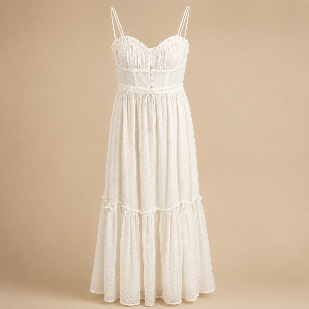 Patrons of Peace Maxi XS Polyester Swiss Dot Cottagecore Boho Cream Ruffle Dress